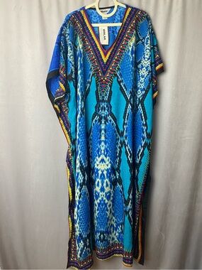 Winlar Vivid Blue Colorful Vacation Cruise V-Neck Maxi Kaftan Dress One Size